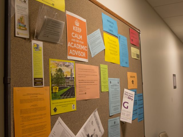 colorful fliers on a bulletin board