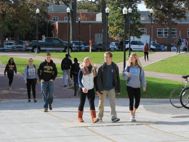 Students walking around campus