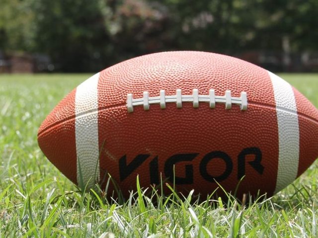 a brown football on green grass