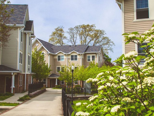 townhouses along walkway