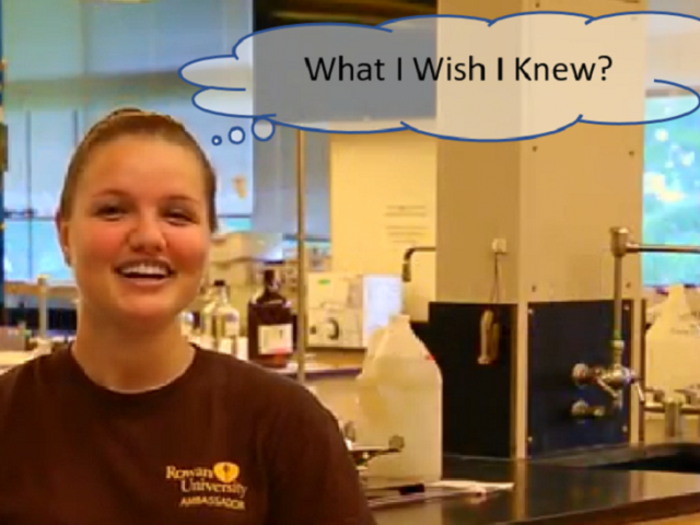 Female student in front of biology lab scenery with thought saying "What I Wish I Knew?"