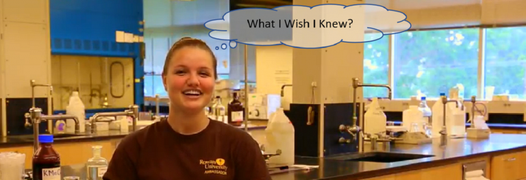 Female student in front of biology lab scenery with thought saying "What I Wish I Knew?"