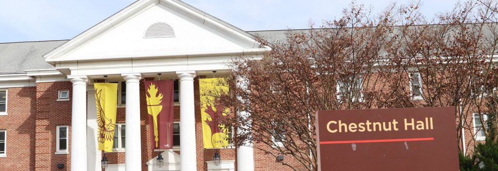 brick exterior and white columns of Chestnut, with brown and yellow flags
