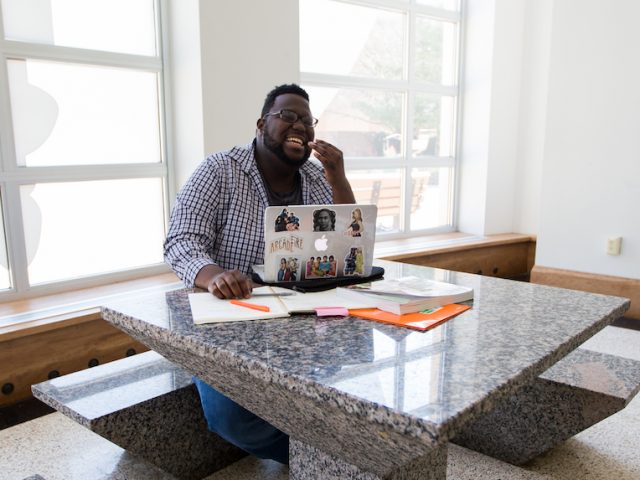 Mark inside Campbell Library at Rowan on campus