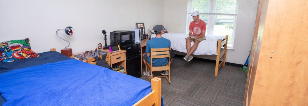 Two roommates play video games together in their room.