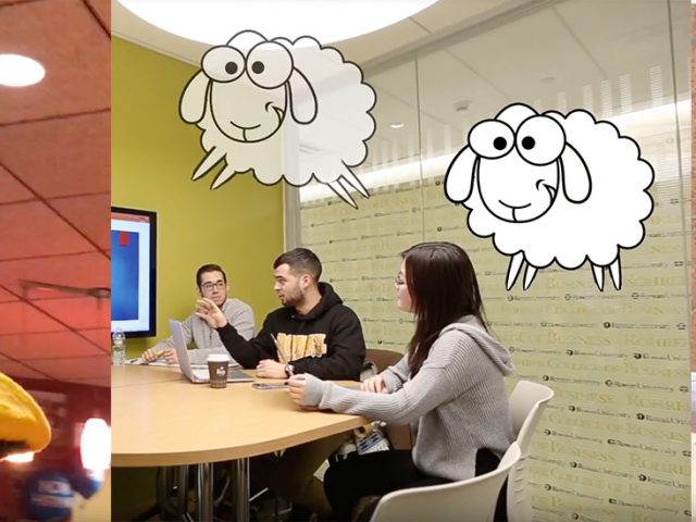 A three photo college featuring the Rowan Mascot, students in the business building, and a student reporter