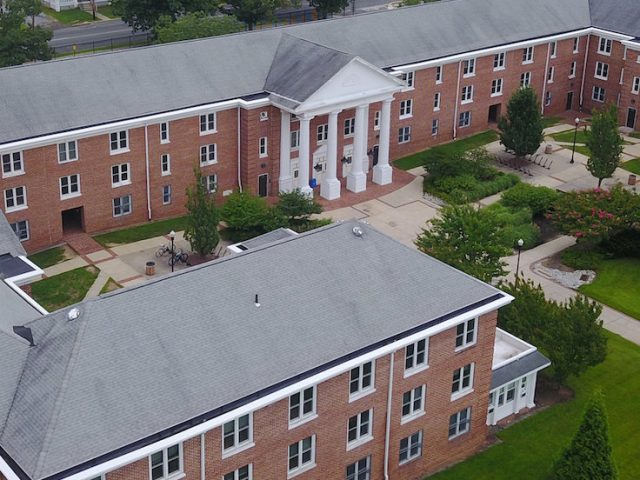 A drone shot of Rowan Universitys Chestnut Hall