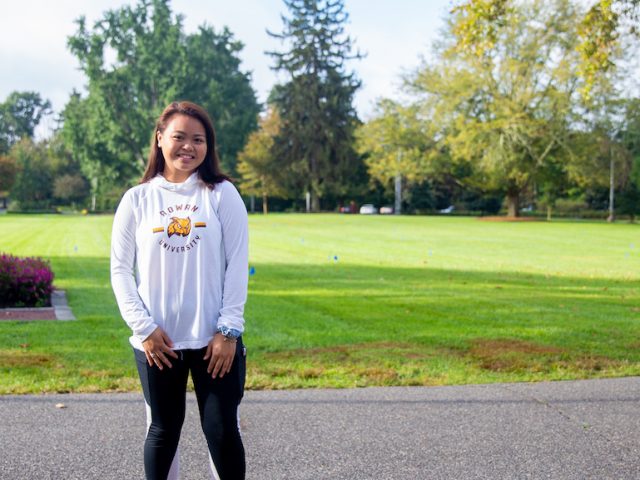 student wearing a rowan shirt on bunce green