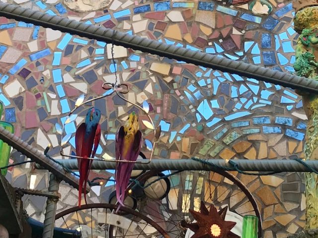 A view of the mosaic glass ceiling at Magic Gardens