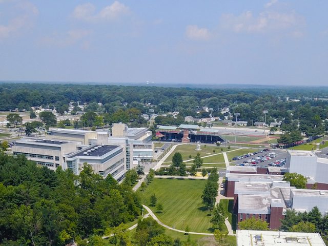 horizon view of Glassboro campus at Rowan University, from a drone