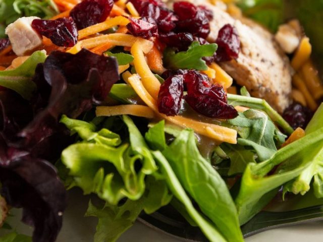 A leafy green salad is on a plate. It is topped with cranberries, grilled chicken, carrots, cheese and a light dressing.