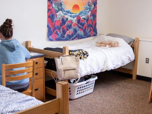 Two roommates in Edgewood Park Apartments work on homework at their desks.