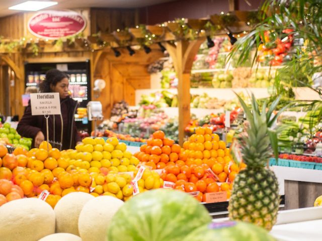 Inside colorful grocery store