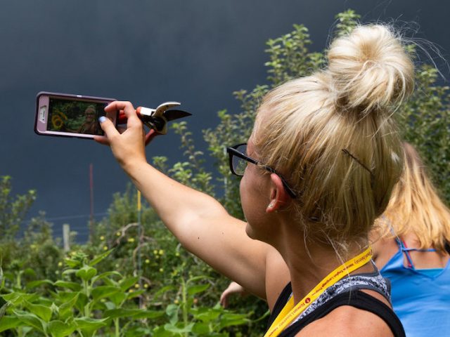 Blonde female student takes a selfie at a sunflower field near Rowan University