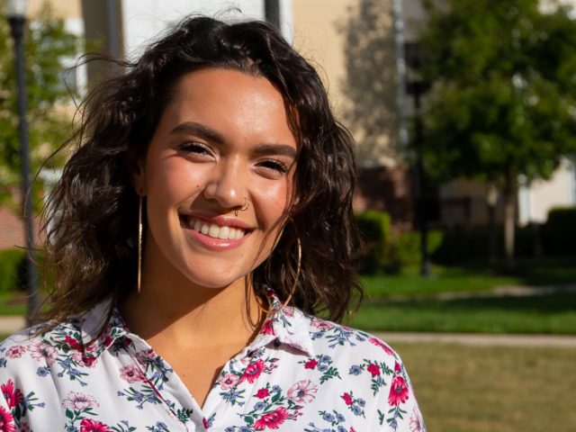 Rowan biology major Sarah Sosa outside Rowan Boulevard Apartments