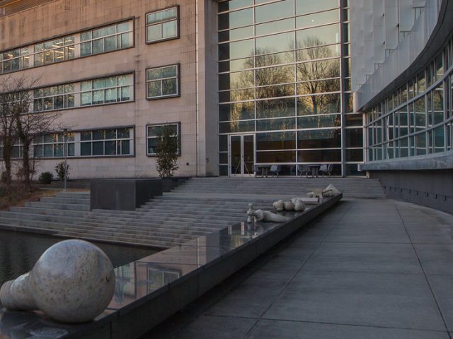 Twilight exterior shot of Rowan Hall