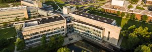 a drone photo of engineering hall at sunset.