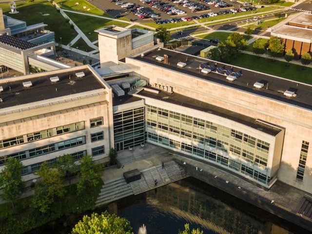 a drone photo of engineering hall at sunset.