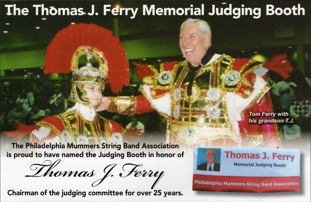 A screenshot that shows the re-naming of the judging booth in 2016 to honor TJ's grandfather. It is now the Thomas J. Ferry Memorial Judging Booth. Grandfather and TJ as a child dressed in their Mummers outfits are shown.