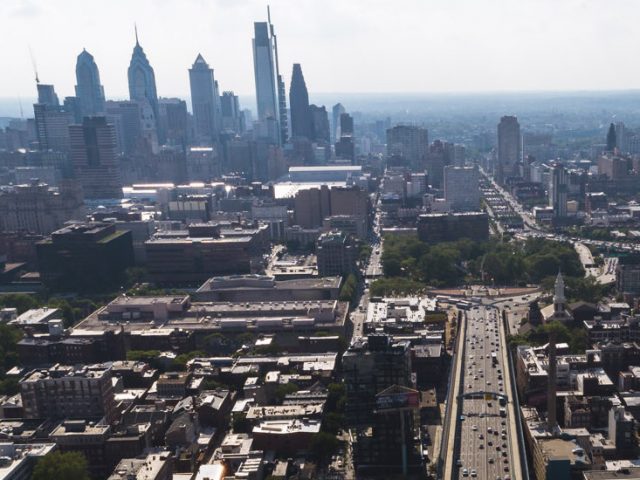 drone shot of Philadelphia skyline