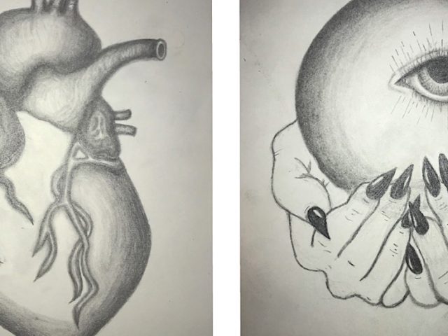 Sketches of a human heart and a crystal ball side by side.