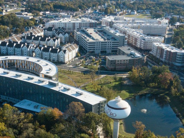 drone view of campus highlighting Holly Pointe Commons.