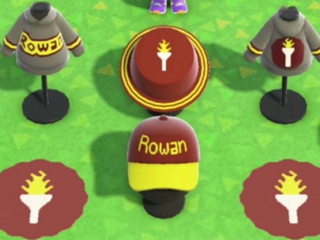 Screenshot of Animal Crossing and selection of Rowan merchandise selection