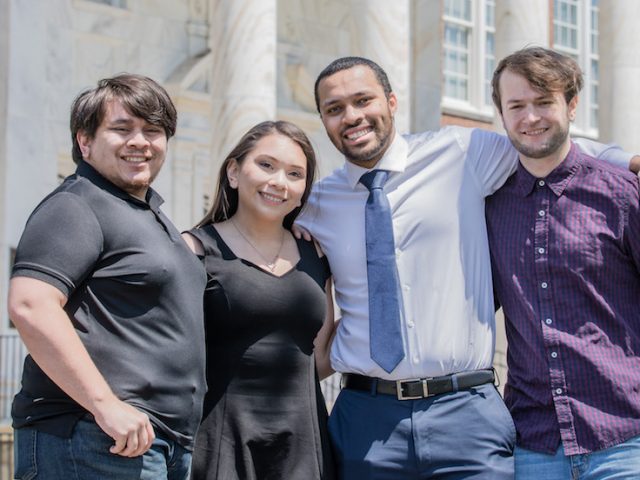 Computer science major Monica and her three friends outside Bunce Hall.