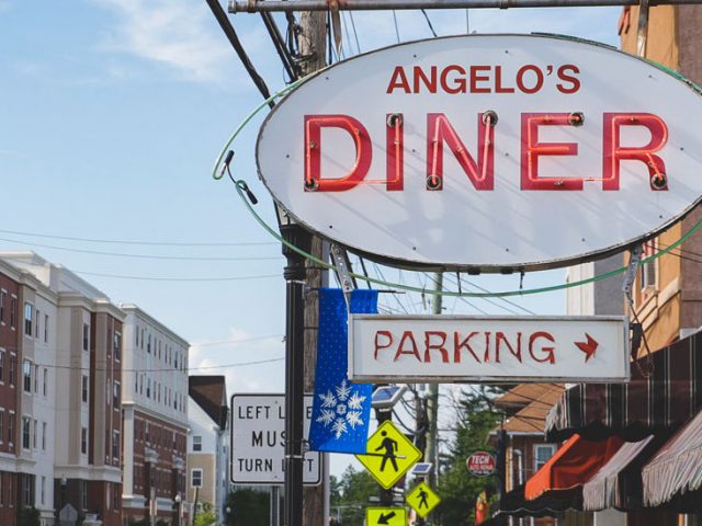 External shot of Angelo's Diner and Main St.