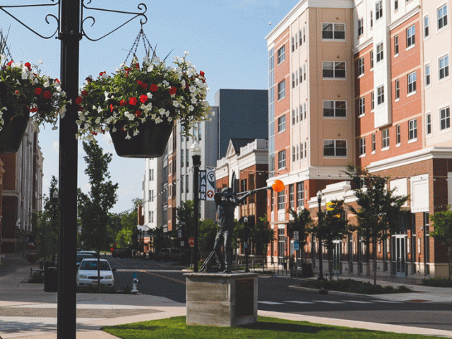 Rowan Boulevard and the Glassblower statue.