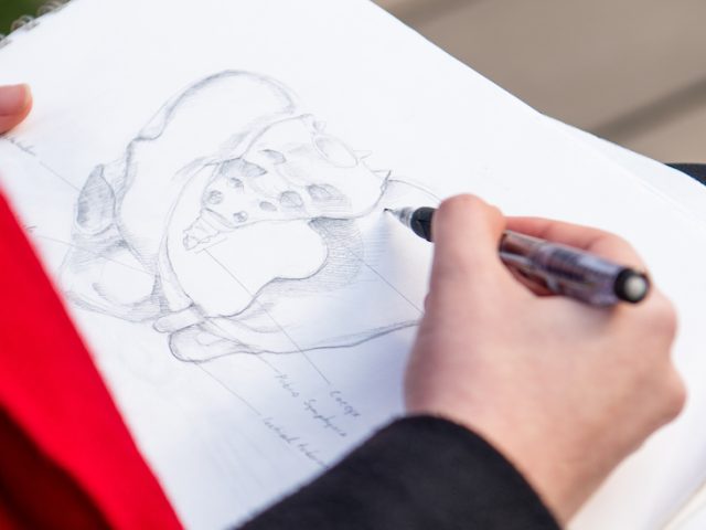 A close up of hands as they use pencil to make a sketch.