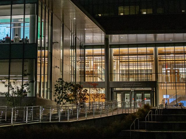 Exterior shot of Business Hall front entrance.