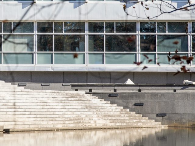 Exterior shot of Engineering Pond and Hall.