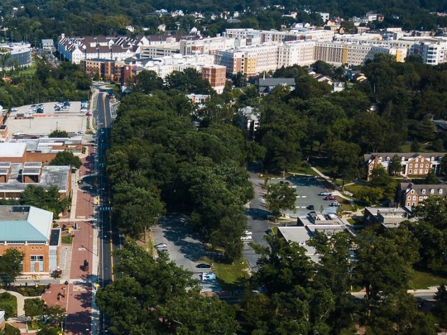 Drone shot of campus.