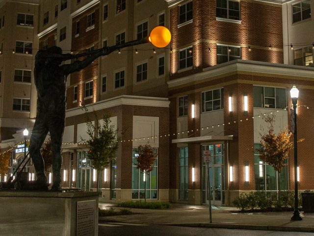 Exterior shot of Rowan Boulevard at night.