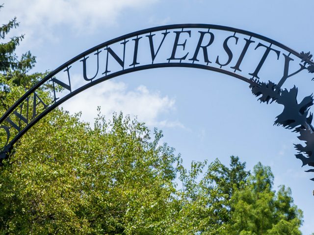 Side angle shot of the Rowan welcome arch.