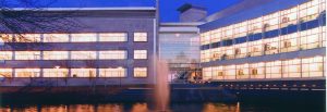 Rowan hall and Engineering Pond at night.