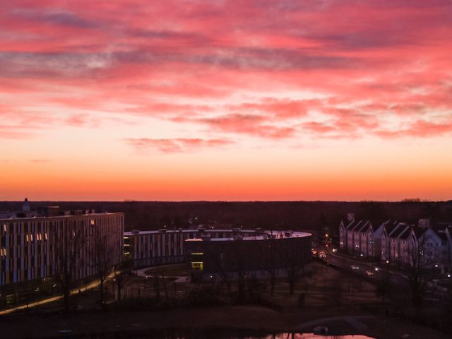 Dramatic sunrise at Rowan University.