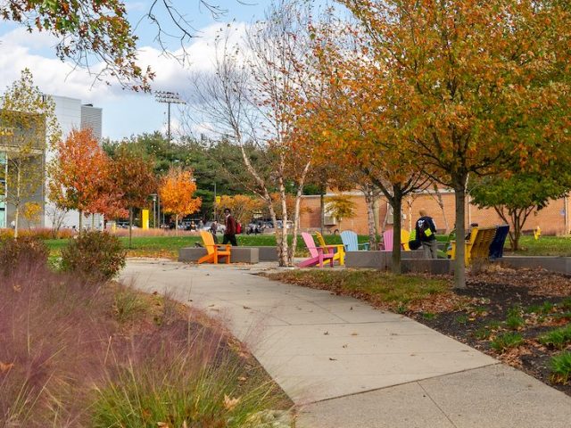 A campus beauty photo showing bright autumn colors on Rowan University's campus.