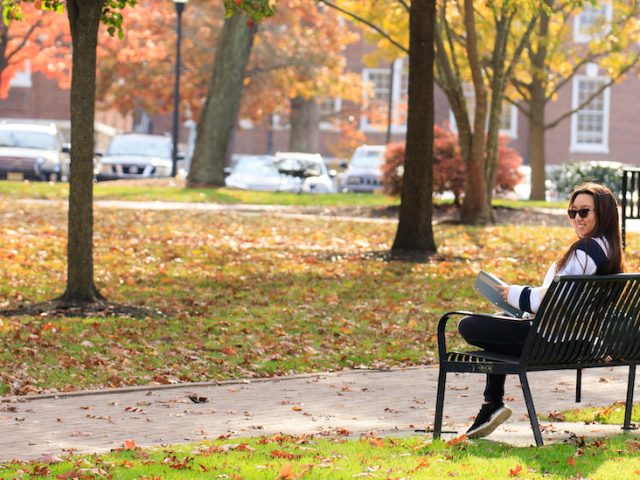 Suzie sitting on a bench on a fall day.