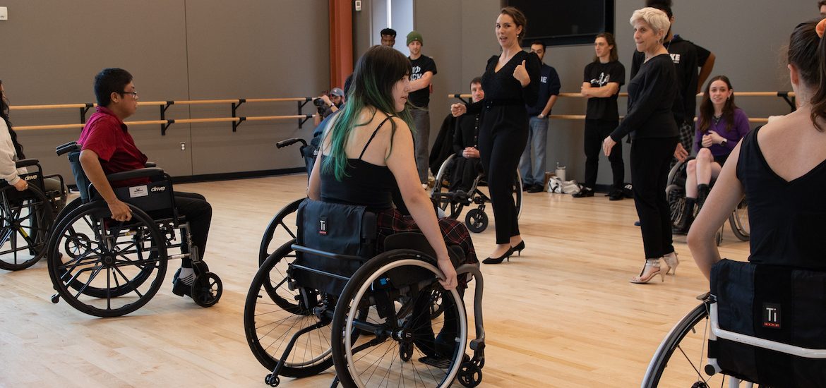 A Rowan University ballroom wheelchair-integrated class held inside of the Wilson Hall Dance Studios