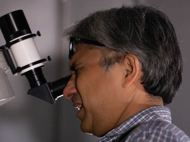 Professor Erick Guerra looking at a telescope on the roof of Science Hall.