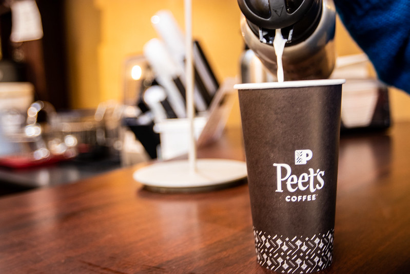 A close up of a cup of coffee at Rowan's Peet's Coffee. 