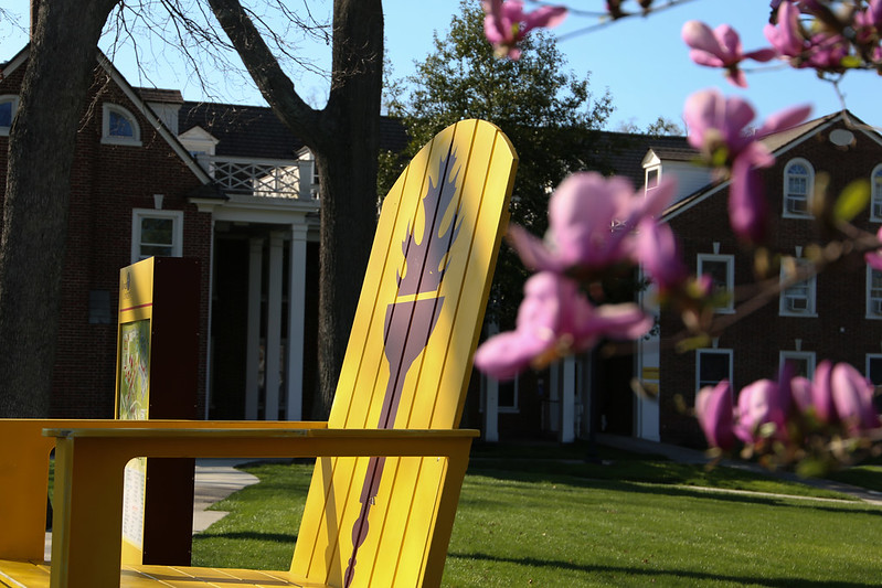 A side view of an oversized Adirondack chair in Rowan yellow, with a brown torch visible. The background is a classic old brick dorm and blooming pink flowers. 