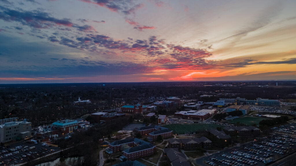 A drone shot over Rowan's campus.