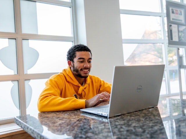 Male student sitting on laptop doing coursework for online criminology degree