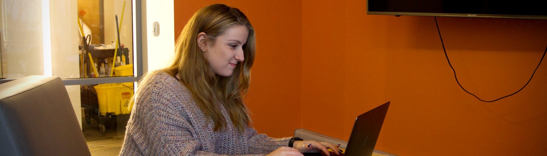 Student studies independently on a laptop in a quiet lounge, representing the flexibility of a liberal studies online program.