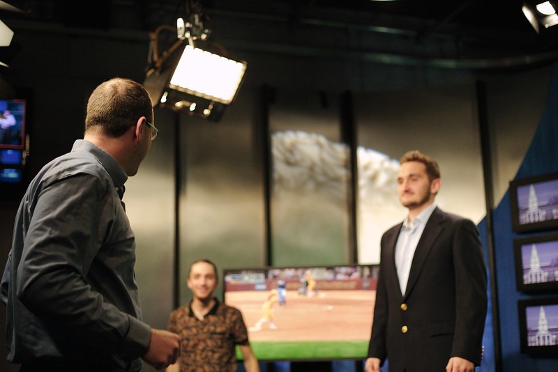 Radio TV film students at Rowan prepare an on camera commentator to go live.