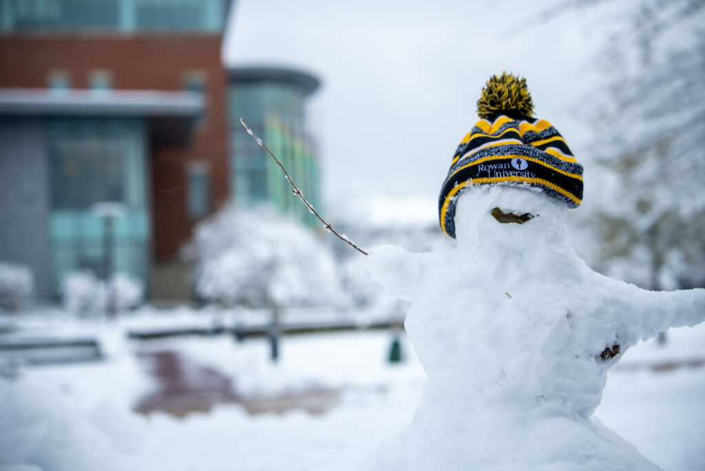 Snowman on Rowan University campus during winter break.