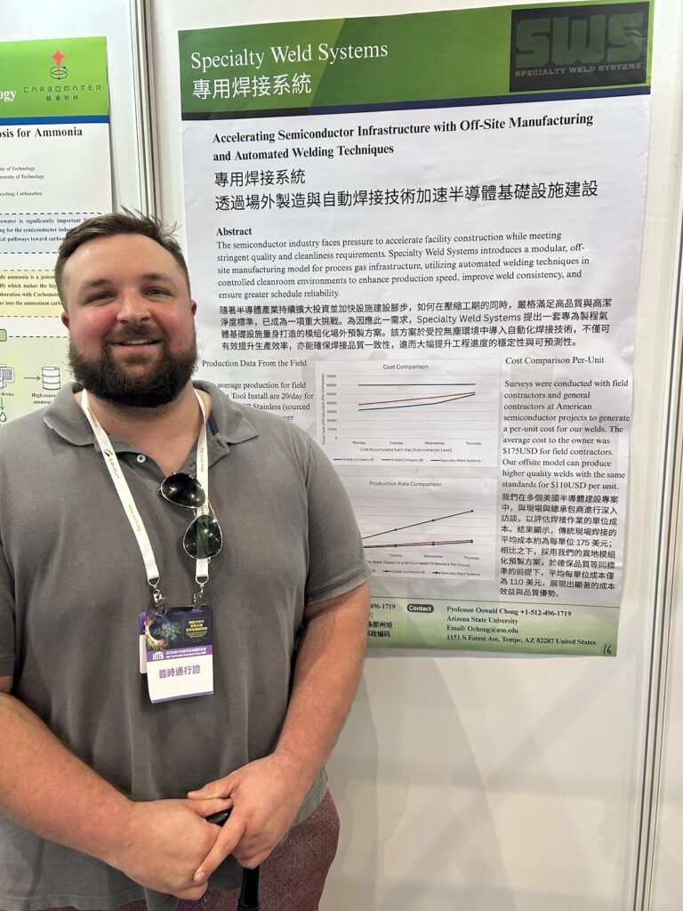 Autie stands in front of a Specialty Weld Systems poster. 